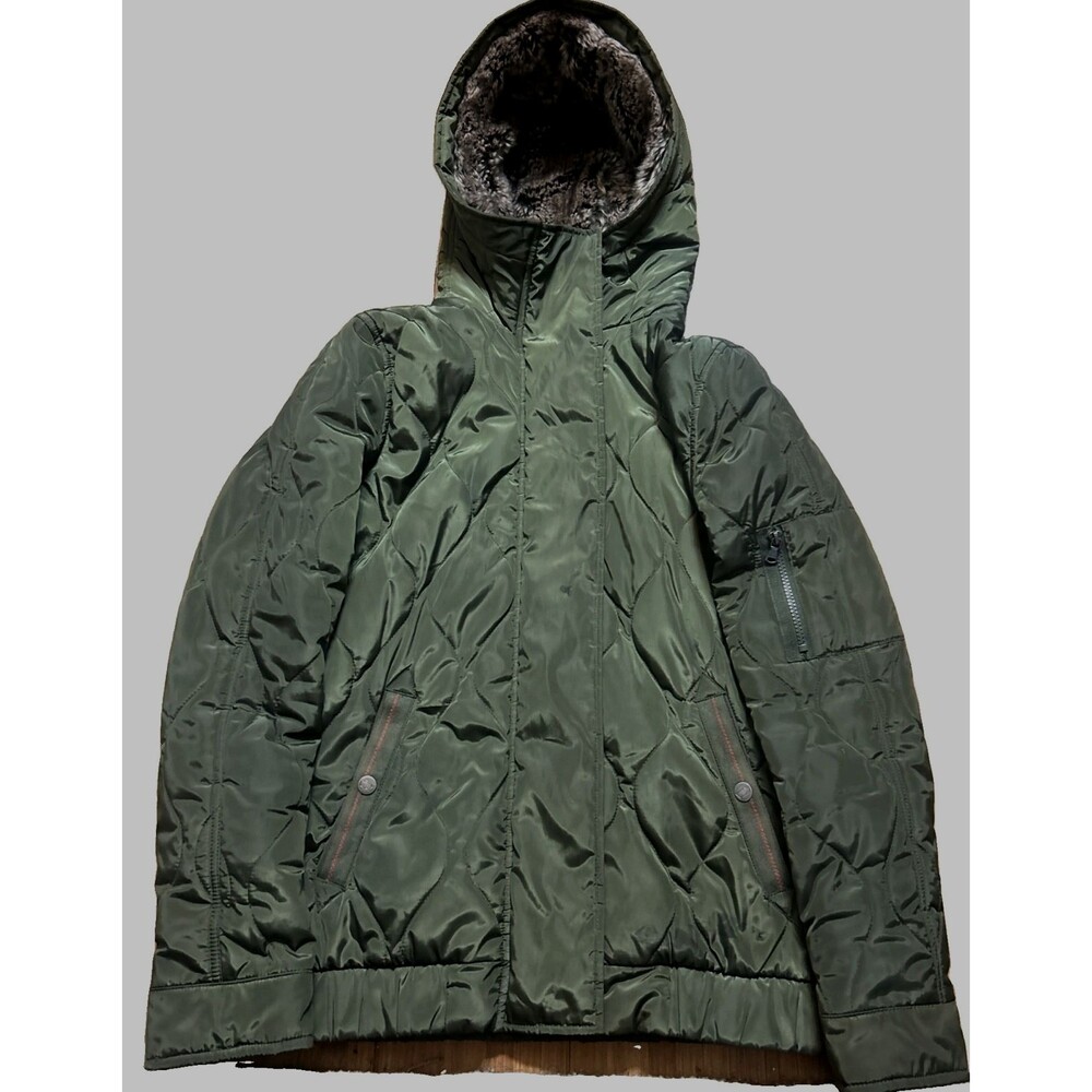 Levis Womens M Olive Quilted Faux Fur Hood Zip Ski Snow Puffer Coat Jacket
